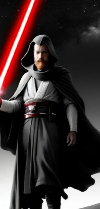 Jedi in dark robes with red lightsaber on cosmic backdrop.