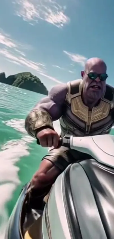 Character jet skiing in tropical ocean under blue sky.