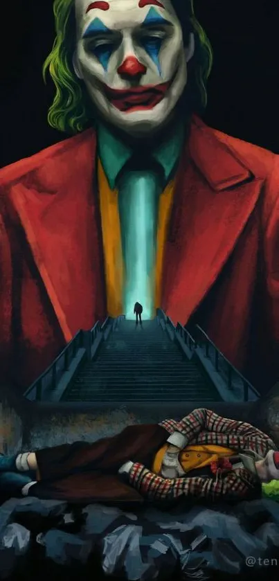 Colorful artistic Joker wallpaper with dramatic staircase scene.