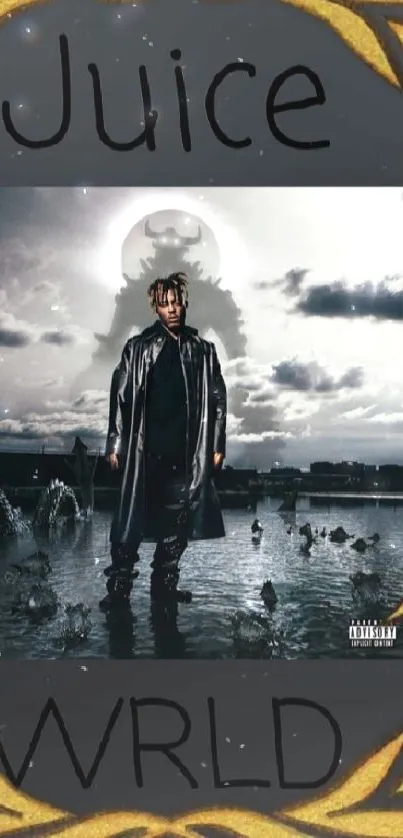 Juice WRLD standing in a reflective water landscape with dramatic skies.