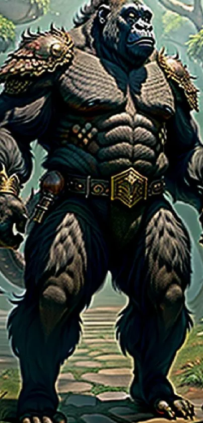 Epic gorilla warrior in lush jungle setting, perfect for fantasy wallpaper.