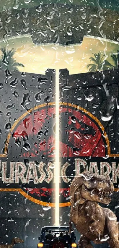 Jurassic Park gate wallpaper with dinosaur in rain.