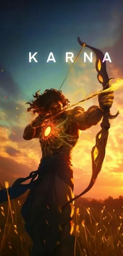 Epic Karna aiming arrow at sunset in vibrant wallpaper.