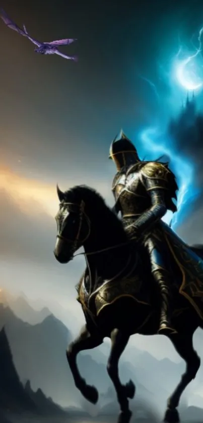 Knight on horseback with a dragon flying under a night sky.