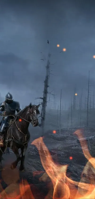 Epic knight on horseback with fire in a mystical dark setting.