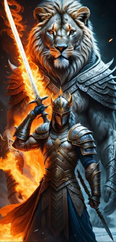 Knight in armor with a fiery sword standing before a majestic lion.