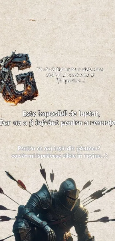 Knight in armor with arrows on textured background.