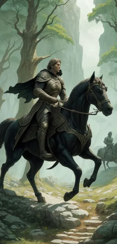 Knight on horseback in mystical forest, fantasy art scene.