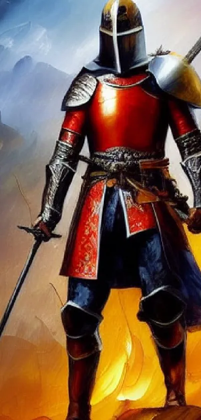 A knight in orange glowing armor surrounded by flames on a wallpaper.