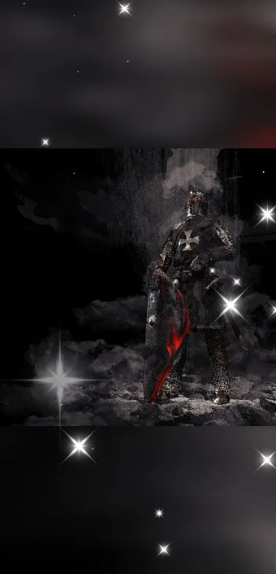 Epic knight stands under a starry sky in a mystical scene.