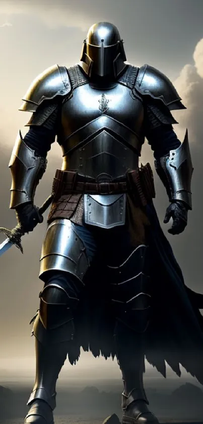 Knight in shining armor with sword, set against a dramatic sky.