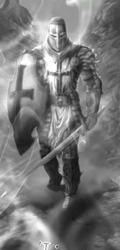 Epic monochrome knight with shield and sword in ancient setting.