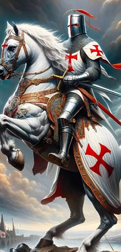 Knight in armor on horseback in a medieval setting