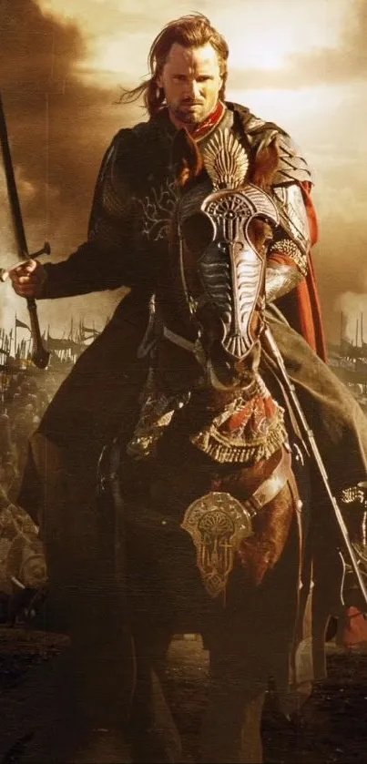 Regal knight in ornate armor on horseback against battle backdrop.