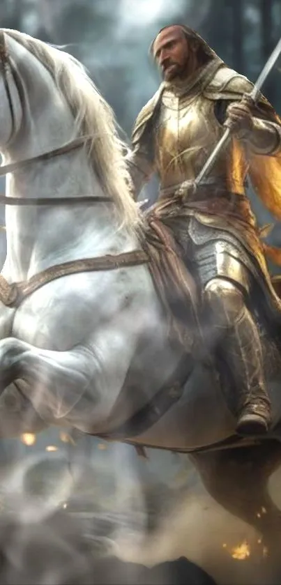 Knight in shining armor on a white horse in a forest.