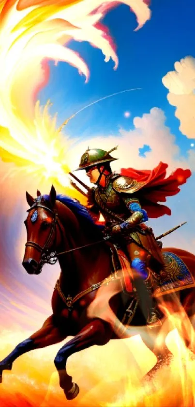 A knight on a horse rides through a vibrant and fiery landscape.