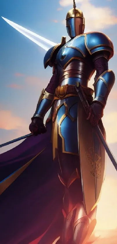 Majestic knight in armor at sunset sky, vibrant colors.