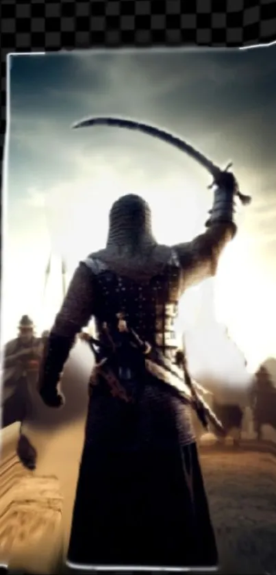 Silhouette of a knight holding a sword against a bright sky.