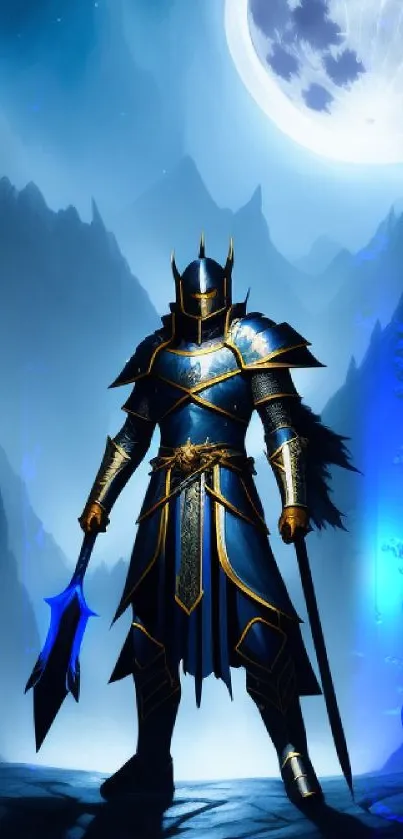 Armored knight stands under moon, surrounded by mystical mountains.