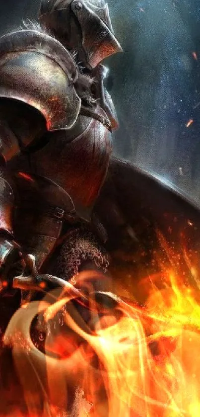 Knight in armor with a fiery sword in a vibrant fantasy wallpaper.