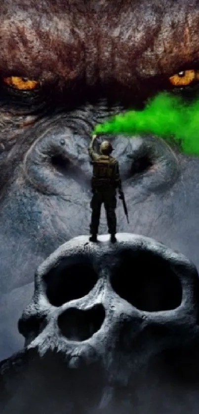 Giant gorilla face with soldier on skull in green mist.