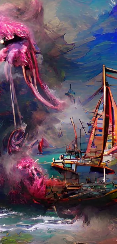 Epic artwork featuring a kraken battling with a ship on a vibrant seascape.