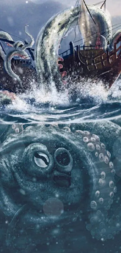 Artwork of a kraken attacking a ship in turbulent ocean waters.