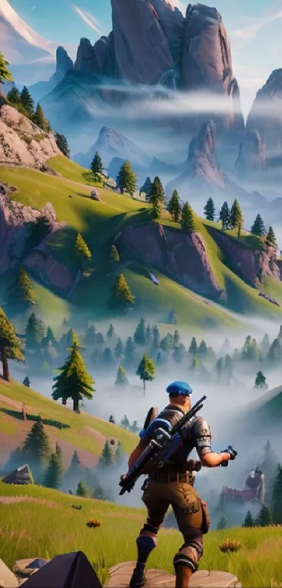 A lone adventurer overlooks a majestic mountain landscape with lush greenery.