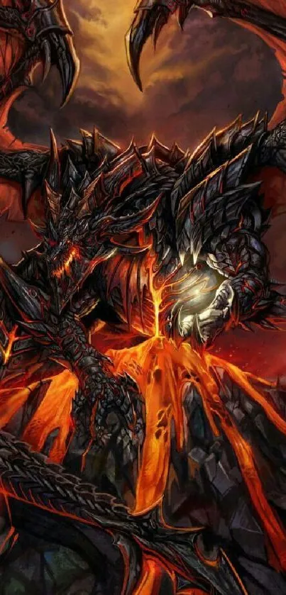 Epic dragon unleashes lava in fantasy phone wallpaper with dark red tones.