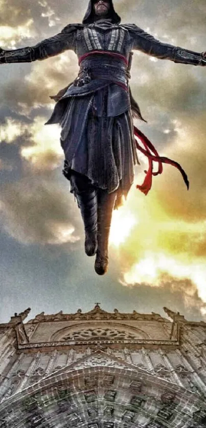 Epic leap in front of grand architecture with dramatic sky.