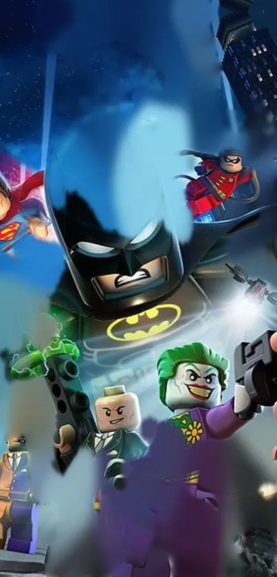 Colorful Lego Batman and villains wallpaper with city backdrop.