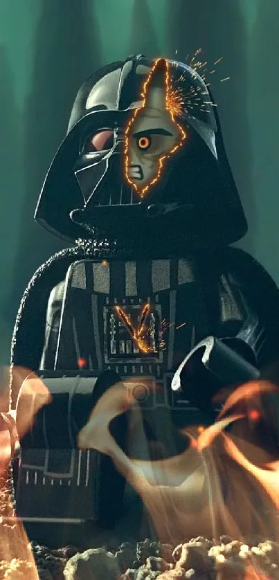 Lego-inspired warrior with lightsaber in epic sci-fi scene.