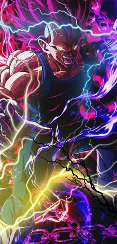 Anime character with vibrant lightning background, full of energy and color.