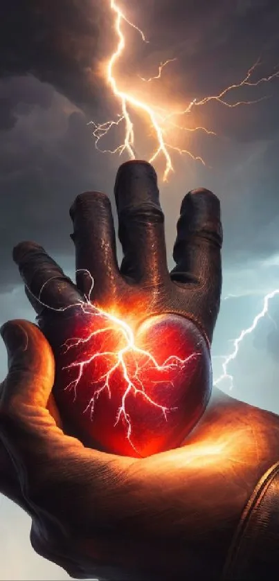 Hand holding a fiery heart with lightning in a stormy sky.