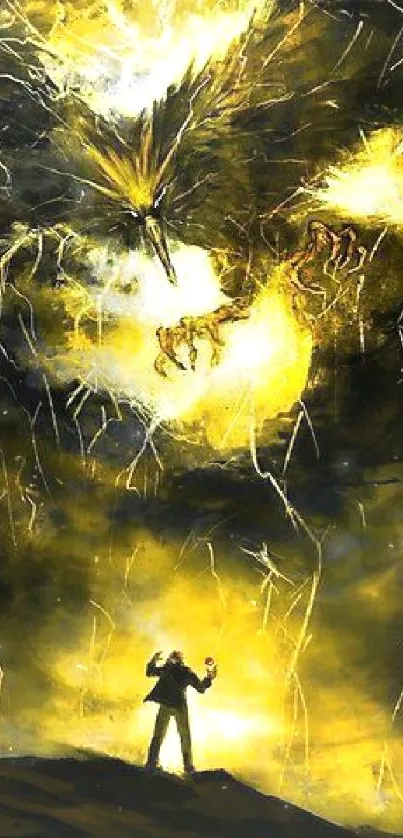 Epic dragon and lightning storm wallpaper in striking yellow and black hues.