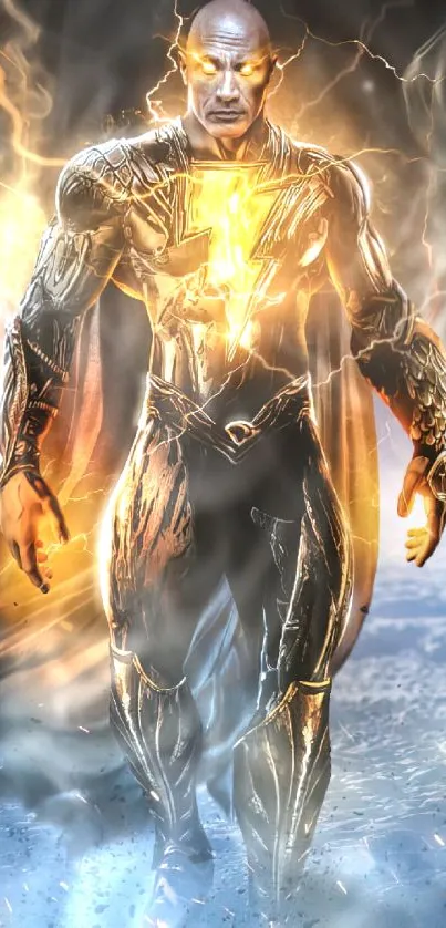 Superhero with golden lightning armor stands powerfully.