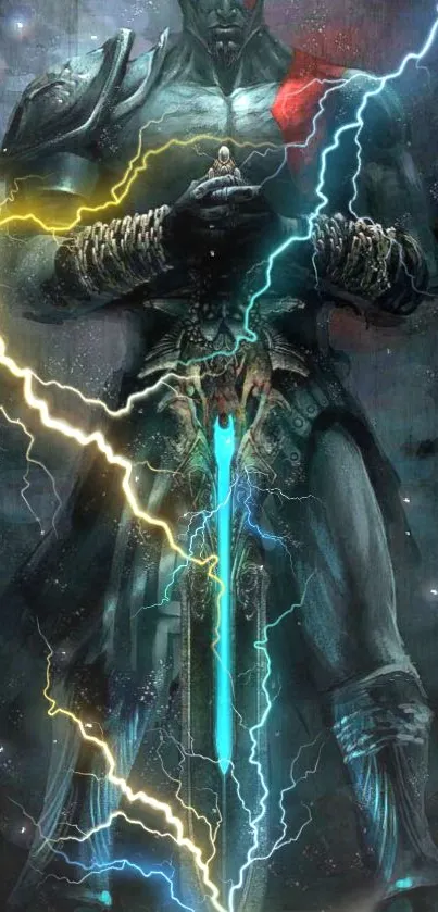 Epic mythical warrior stands amid glowing lightning, creating a powerful scene.