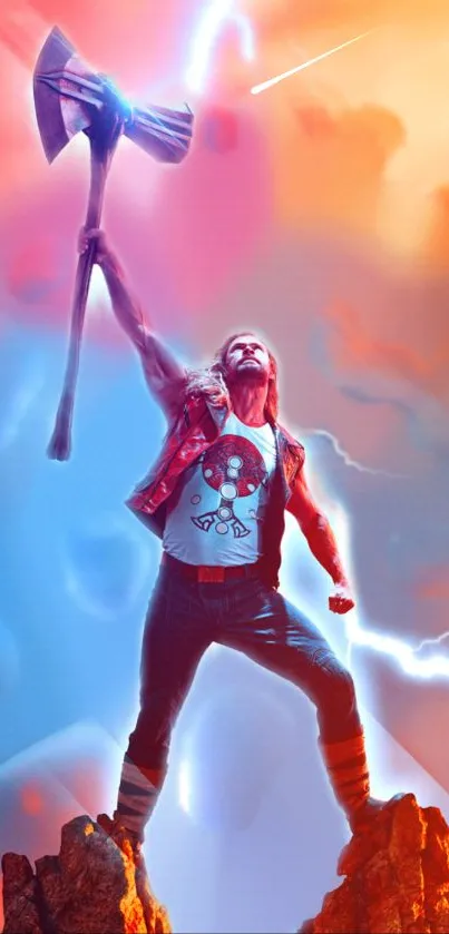 Epic warrior raises axe with lightning striking in a vibrant sky.