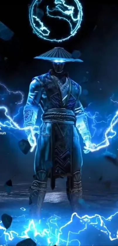 Striking lightning warrior in blue hues with electrifying backdrop.