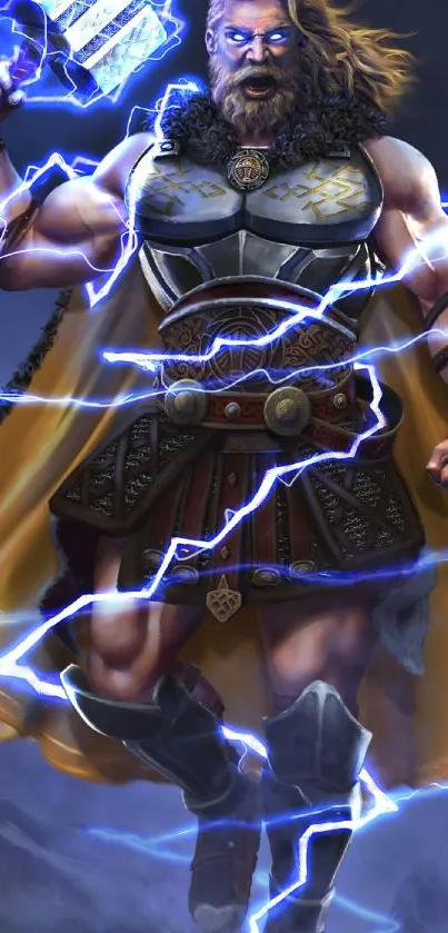 Epic warrior with lightning hammer in dynamic pose.