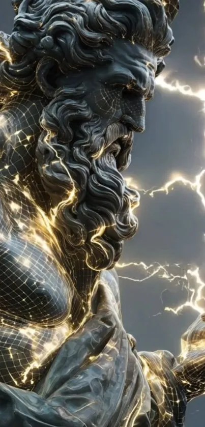 Zeus statue with glowing lightning effect on a mobile wallpaper.
