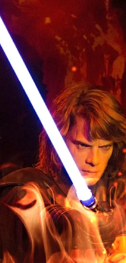 Epic lightsaber battle with a fiery backdrop.