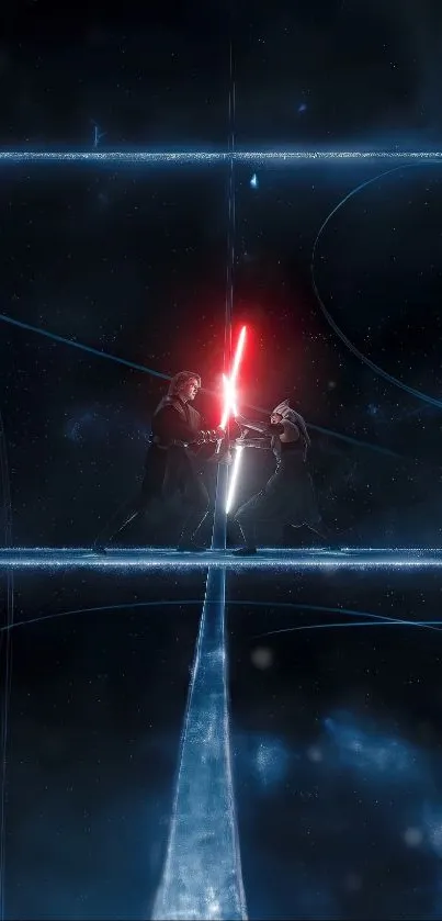 Epic lightsaber duel wallpaper with cosmic backdrop.