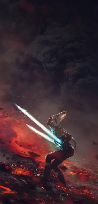 Epic duel with energy swords on a fiery battlefield backdrop.