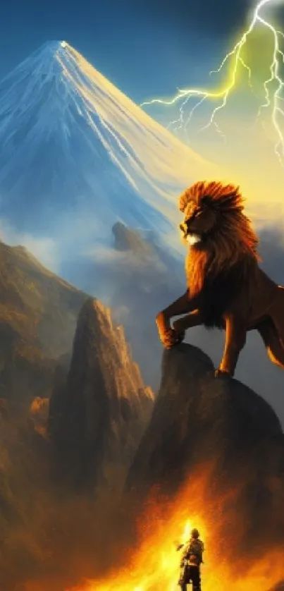 Majestic lion on a peak with lightning and mountain backdrop in vibrant colors.