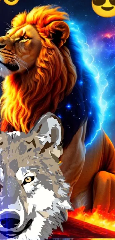 Epic lion and wolf on a vibrant cosmic background.