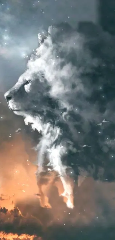 Majestic lion silhouette in clouds against a starry night sky.