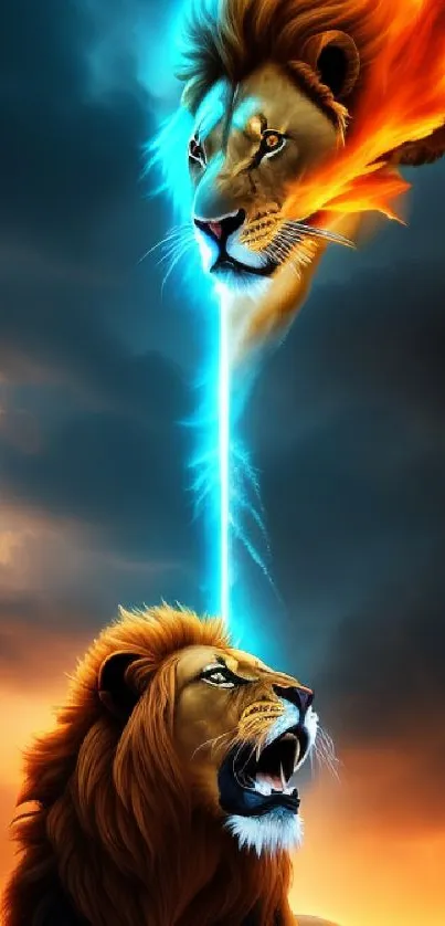 Epic lions in fiery duel under dramatic skies, clashing with fire and ice elements.