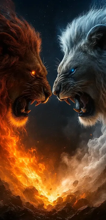 Epic duel of lions with fiery and icy effects.