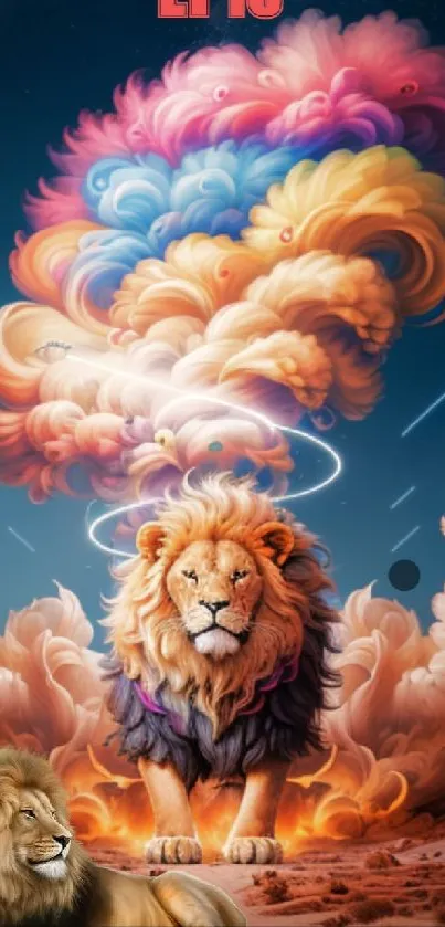 Epic fantasy wallpaper with lions and vibrant cosmic clouds.